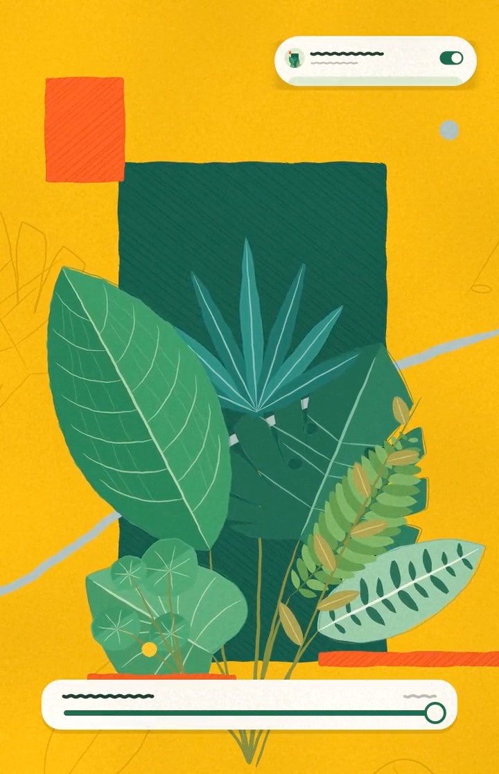 Ilustración de una planta de hojas verdes que crece frente a un rectángulo verde oscuro, sobre fondo amarillo, con controles de interfaz arriba y abajo