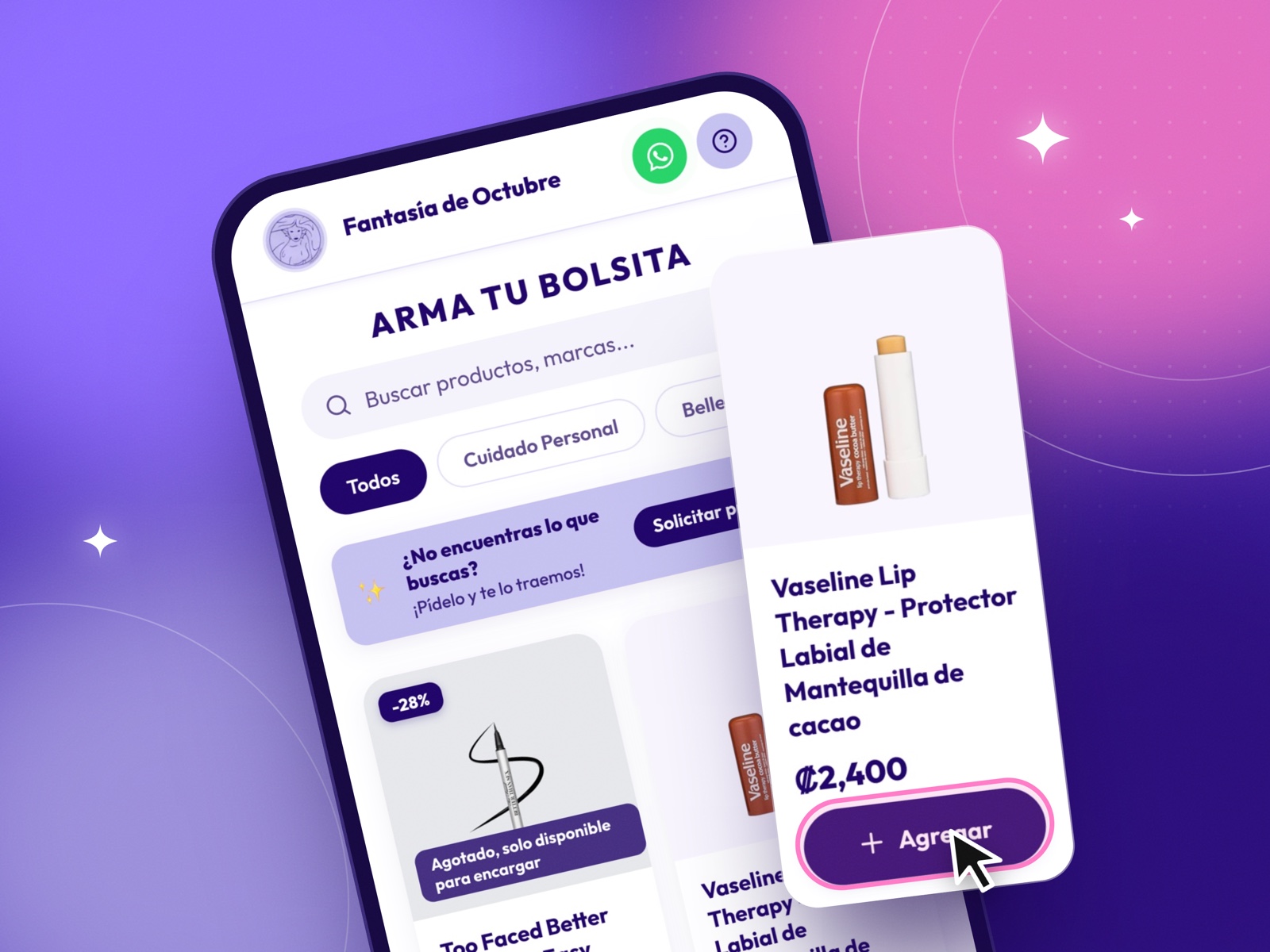 Teléfono inclinado con el catálogo Arma tu bolsita sobre un fondo morado y rosa; la tarjeta de un protector labial se levanta con el cursor sobre el botón Agregar