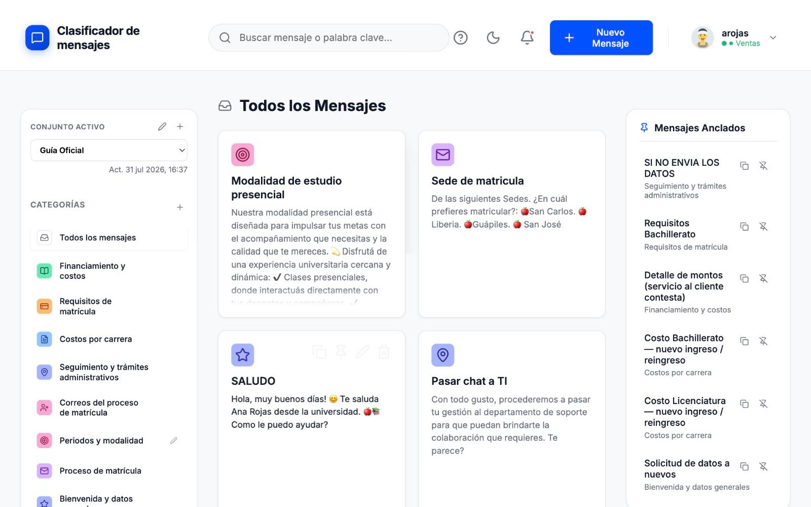 Pantalla principal del organizador: categorías a la izquierda, tarjetas de mensajes al centro y mensajes anclados a la derecha