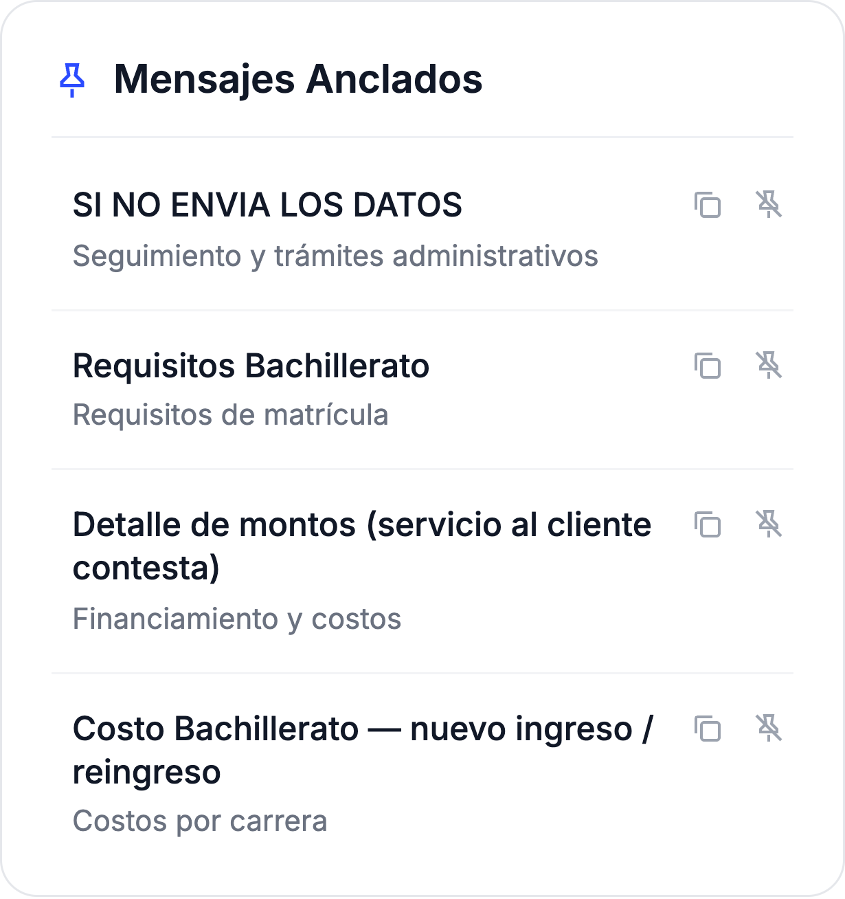 Panel Mensajes Anclados con cuatro mensajes, su categoría y botones para copiar y desanclar