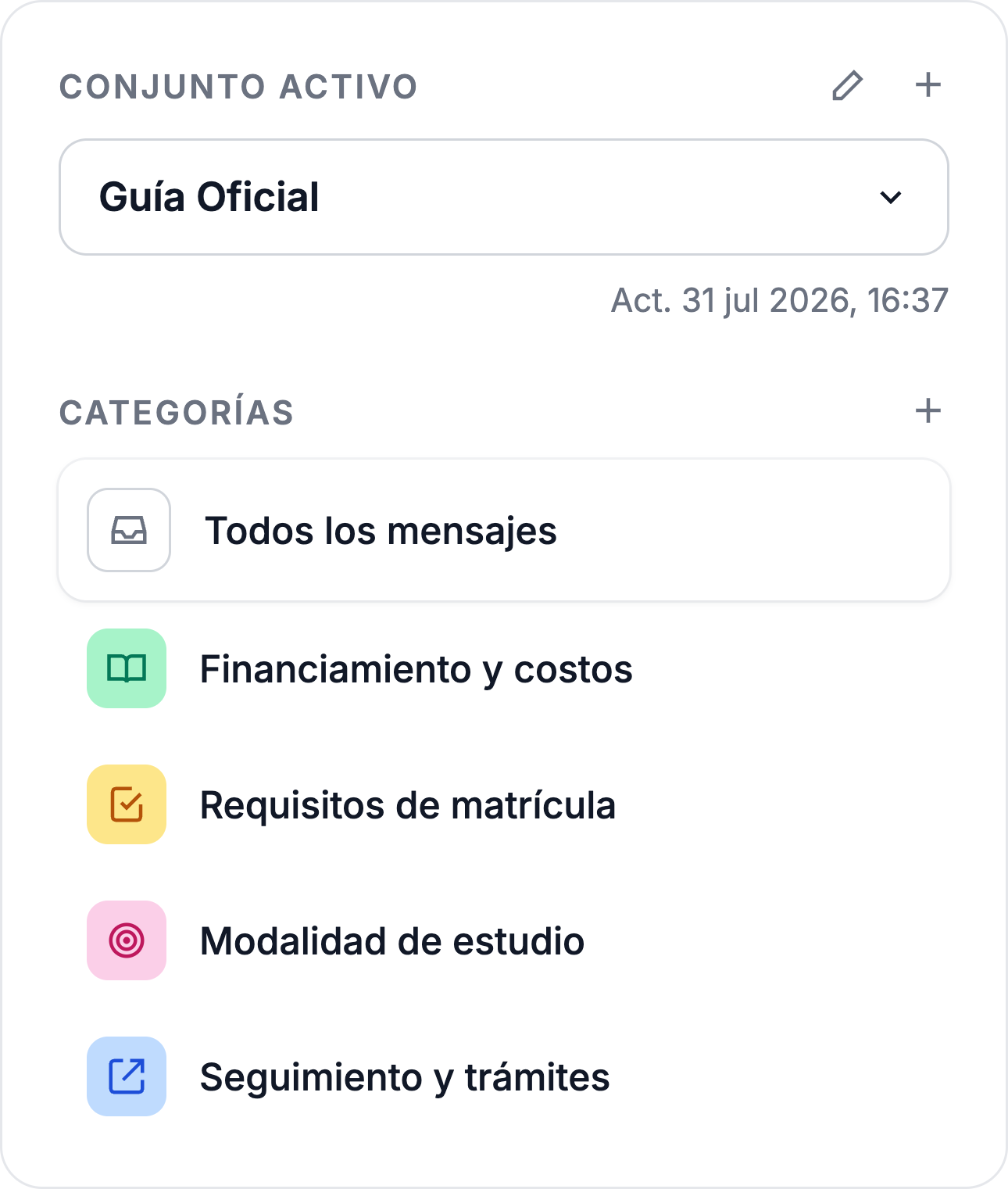 Panel con el selector Conjunto activo en Guía Oficial y la lista de categorías debajo