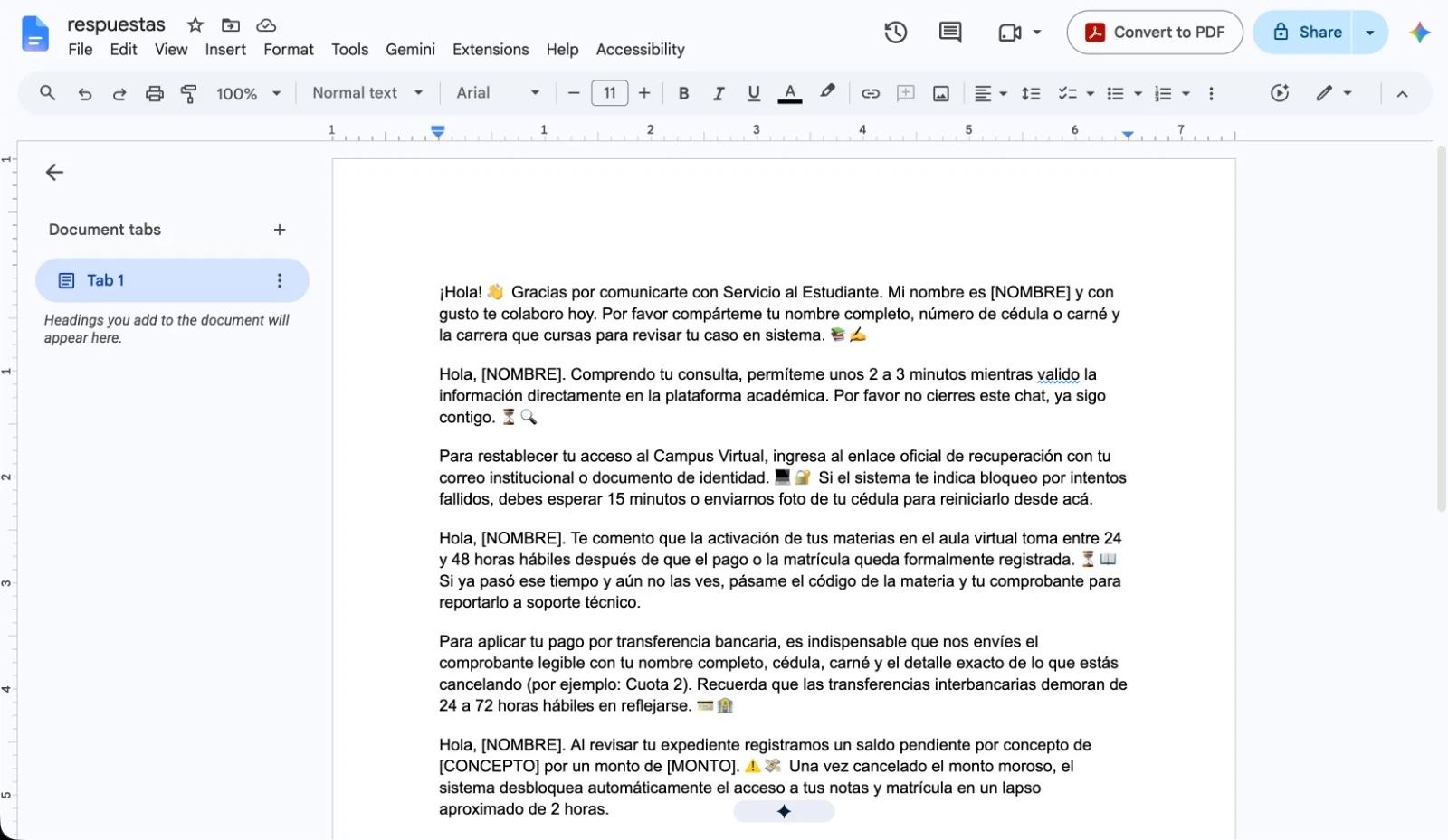 Documento de texto llamado respuestas con mensajes largos uno debajo de otro, con emojis y campos como NOMBRE entre corchetes