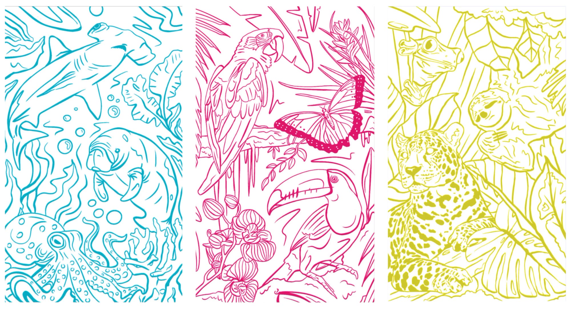 Tres ilustraciones de línea en cian, magenta y amarillo: animales del mar, aves y animales de la selva