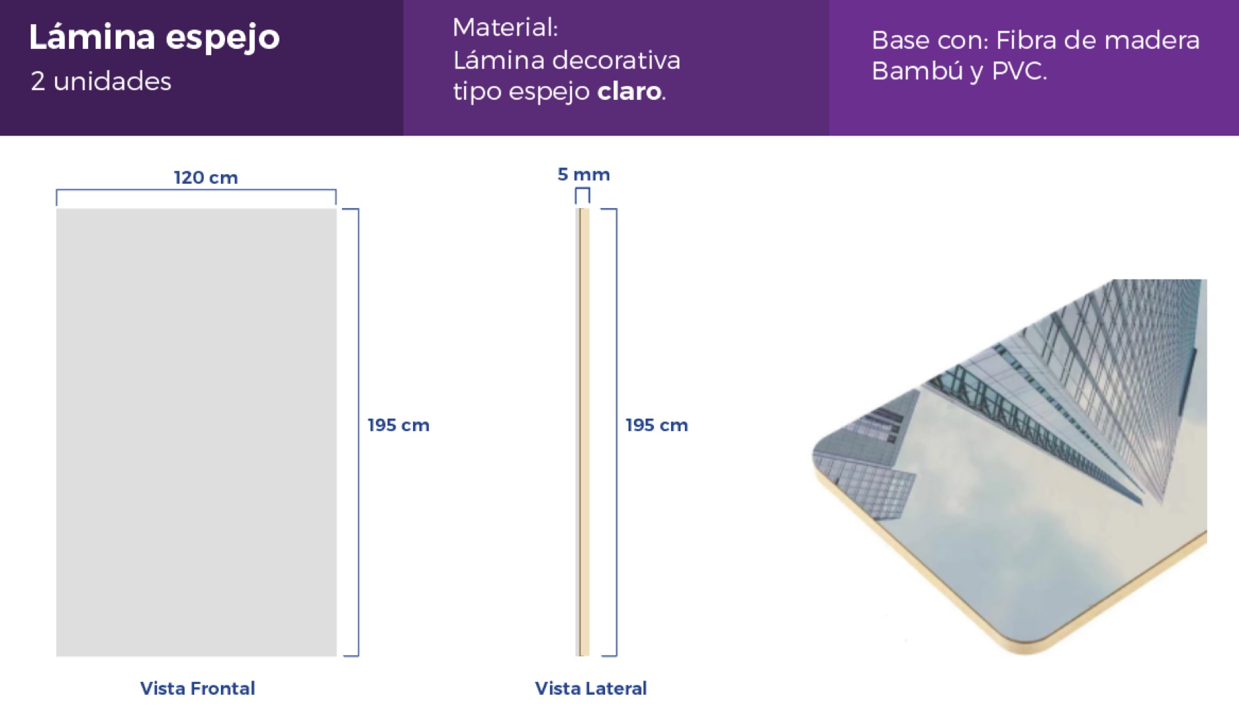 Ficha técnica de una lámina de espejo con medidas, material y vistas frontal y lateral