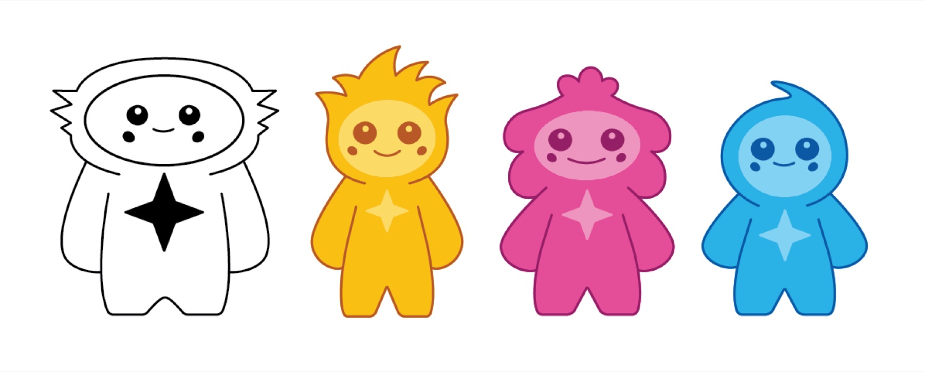 Cuatro personajes ilustrados de la exposición, en blanco, amarillo, rosa y azul