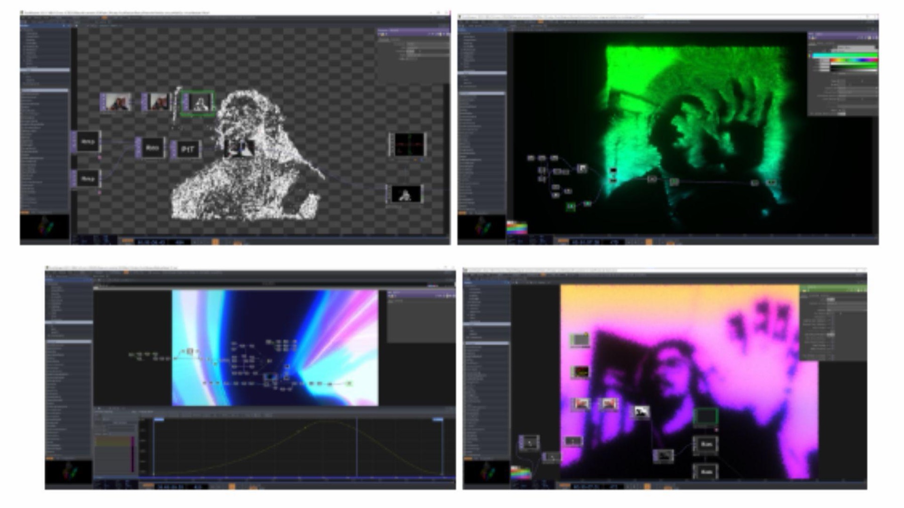 Cuatro pruebas del software de la proyección interactiva, con siluetas y colores que reaccionan al movimiento
