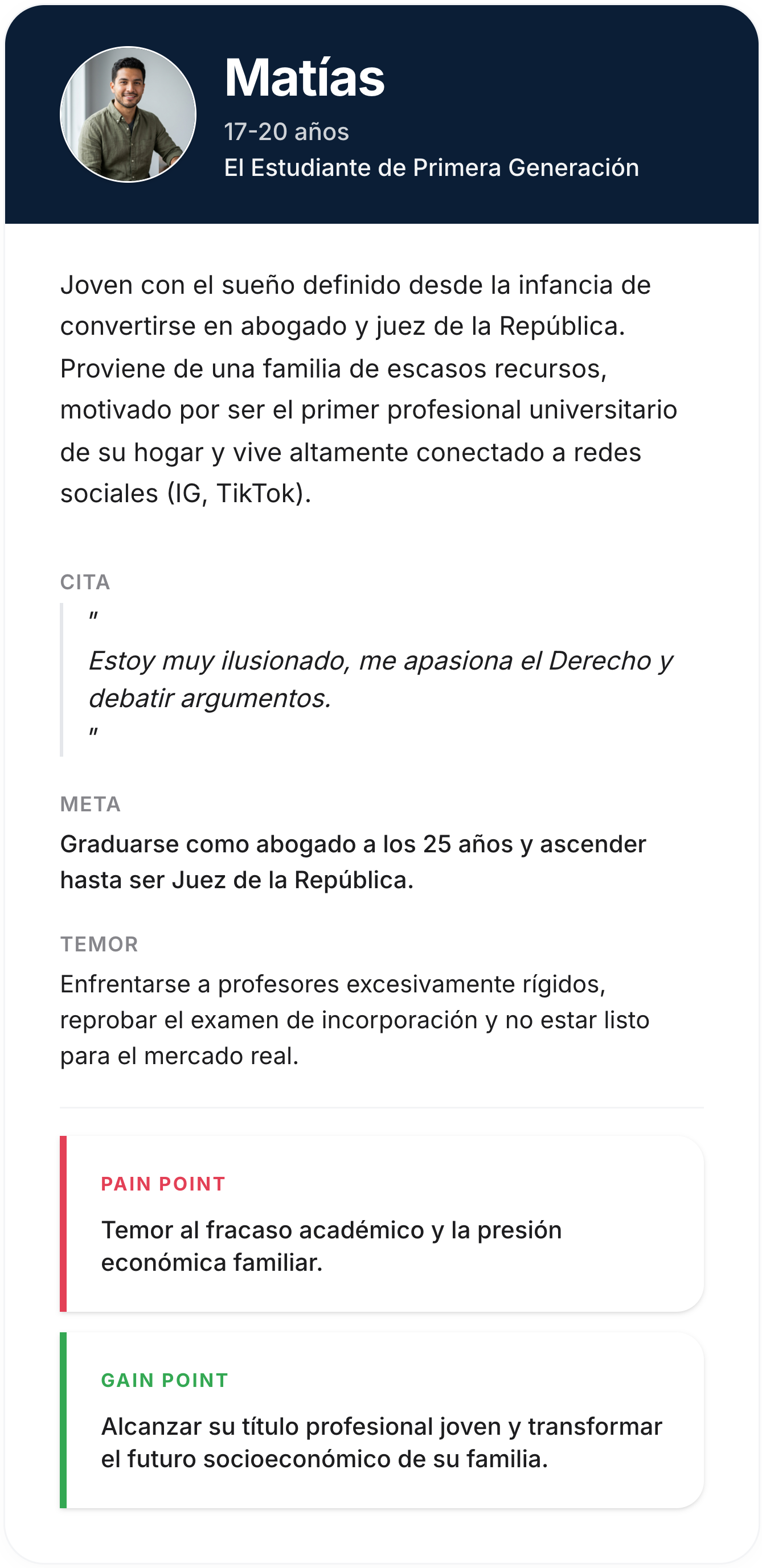 Tarjeta completa de una persona con descripción, cita, meta, temor, pain point y gain point