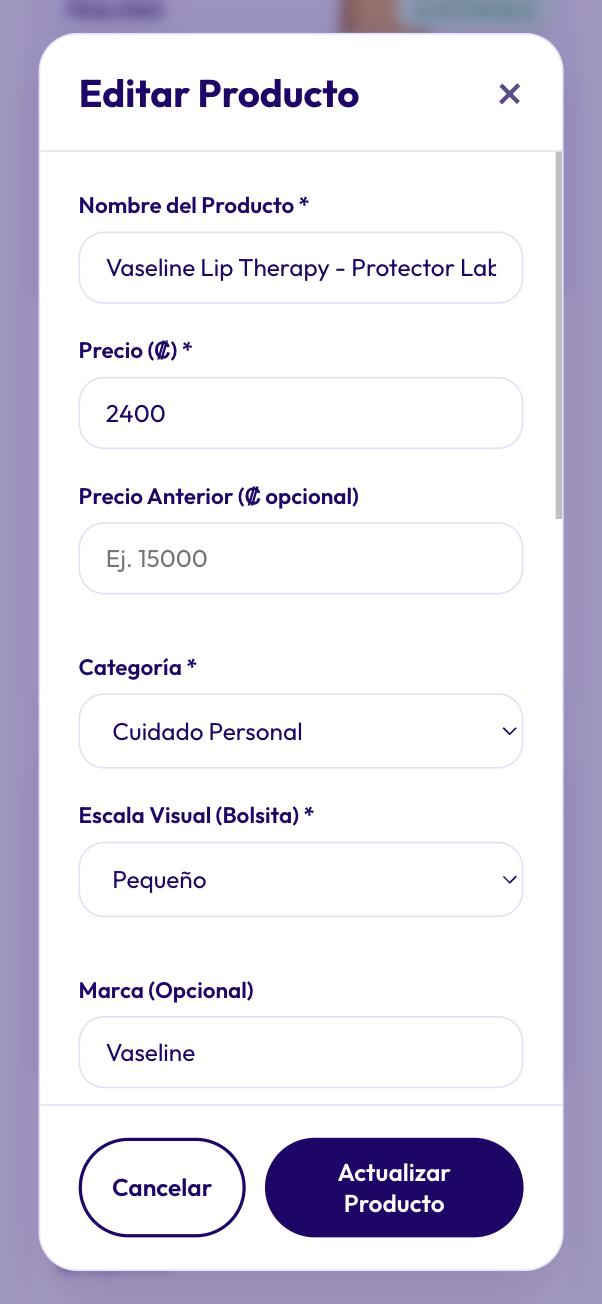 Formulario Editar producto con nombre, precio, categoría, escala visual en la bolsita y marca