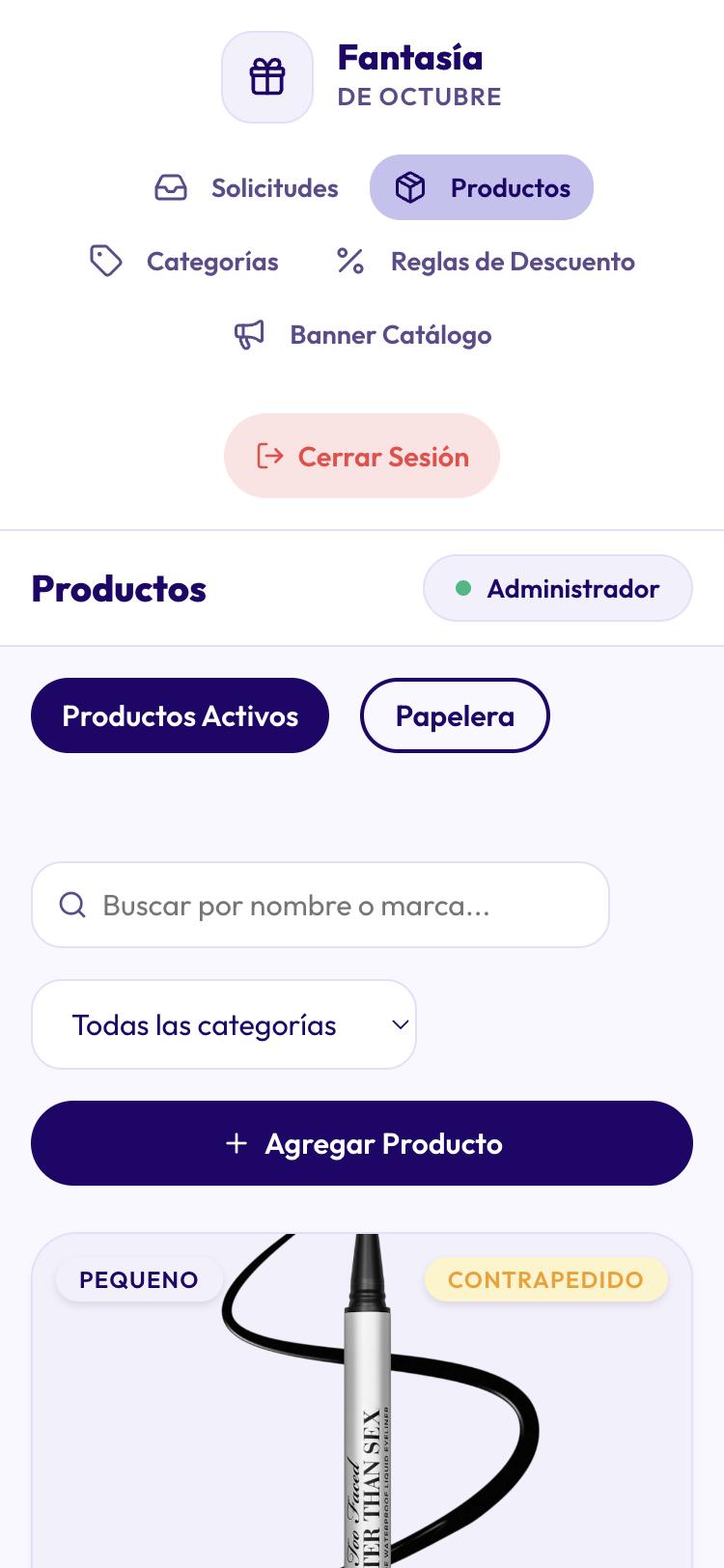 Panel de administración con las secciones Solicitudes, Productos, Categorías, Reglas de descuento y Banner