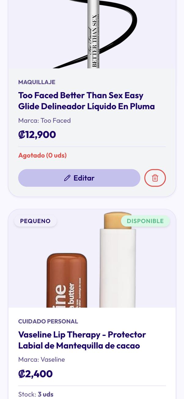 Lista de productos del panel con categoría, marca, precio, existencias y botón Editar