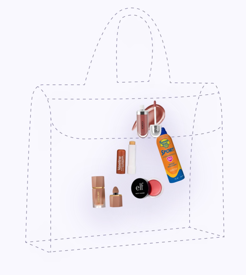 Ilustración de línea punteada de la misma bolsa con cinco productos dibujados adentro