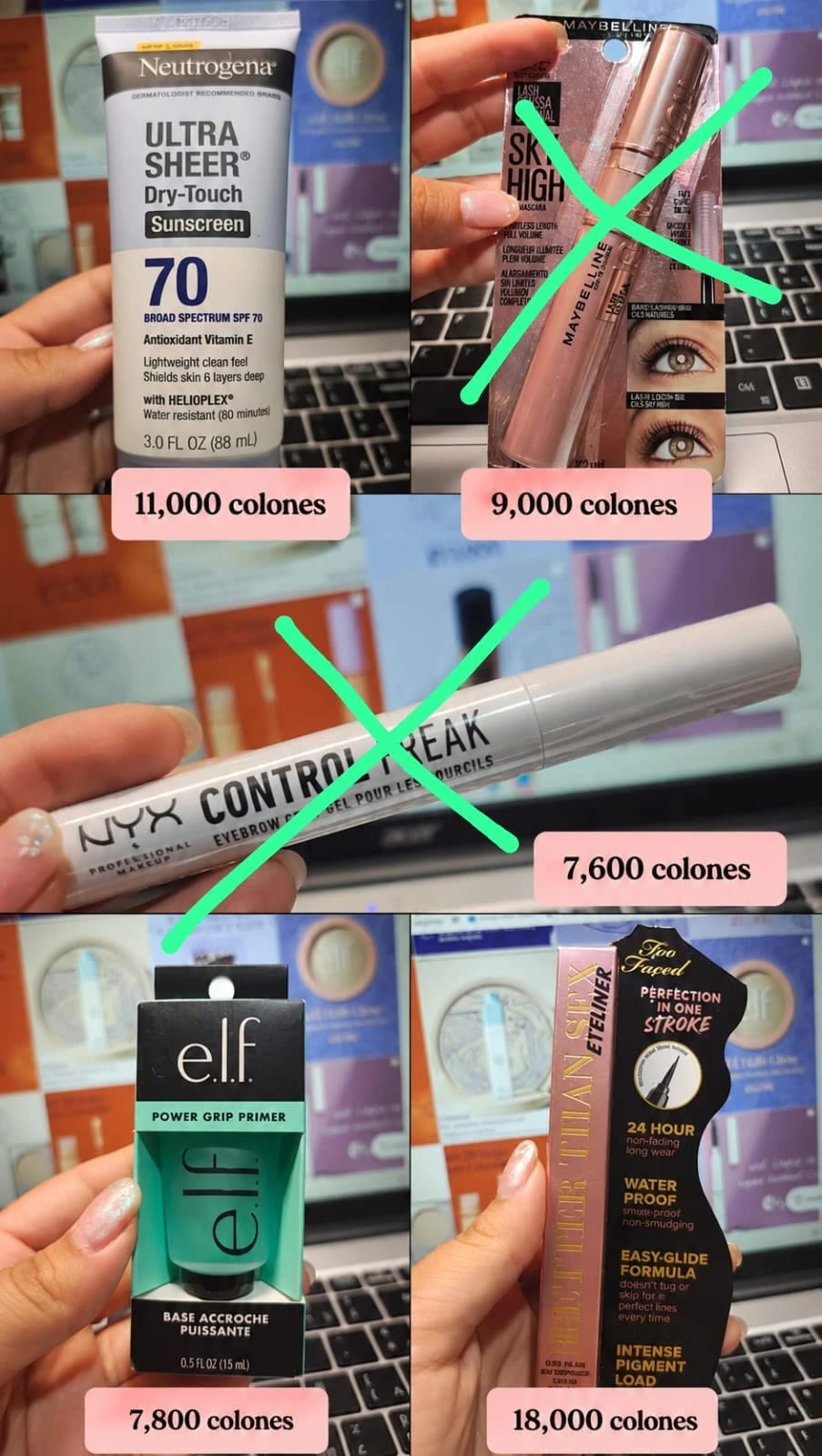 Seis fotos de productos sostenidos en la mano, cada una con su precio en colones; dos están tachadas con una X verde