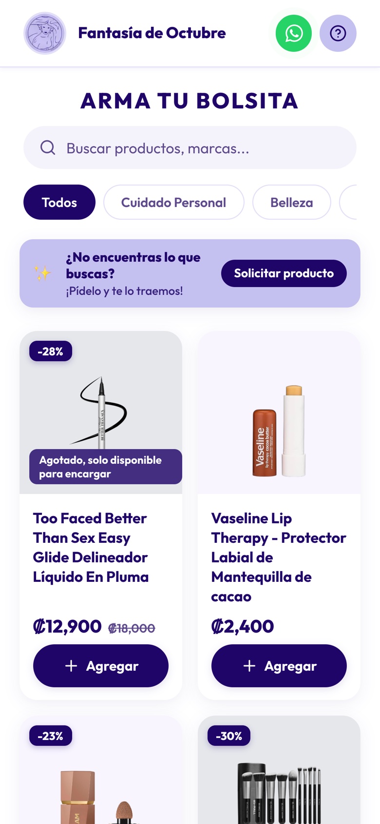 Catálogo de la tienda en el celular, con buscador, categorías y tarjetas de producto