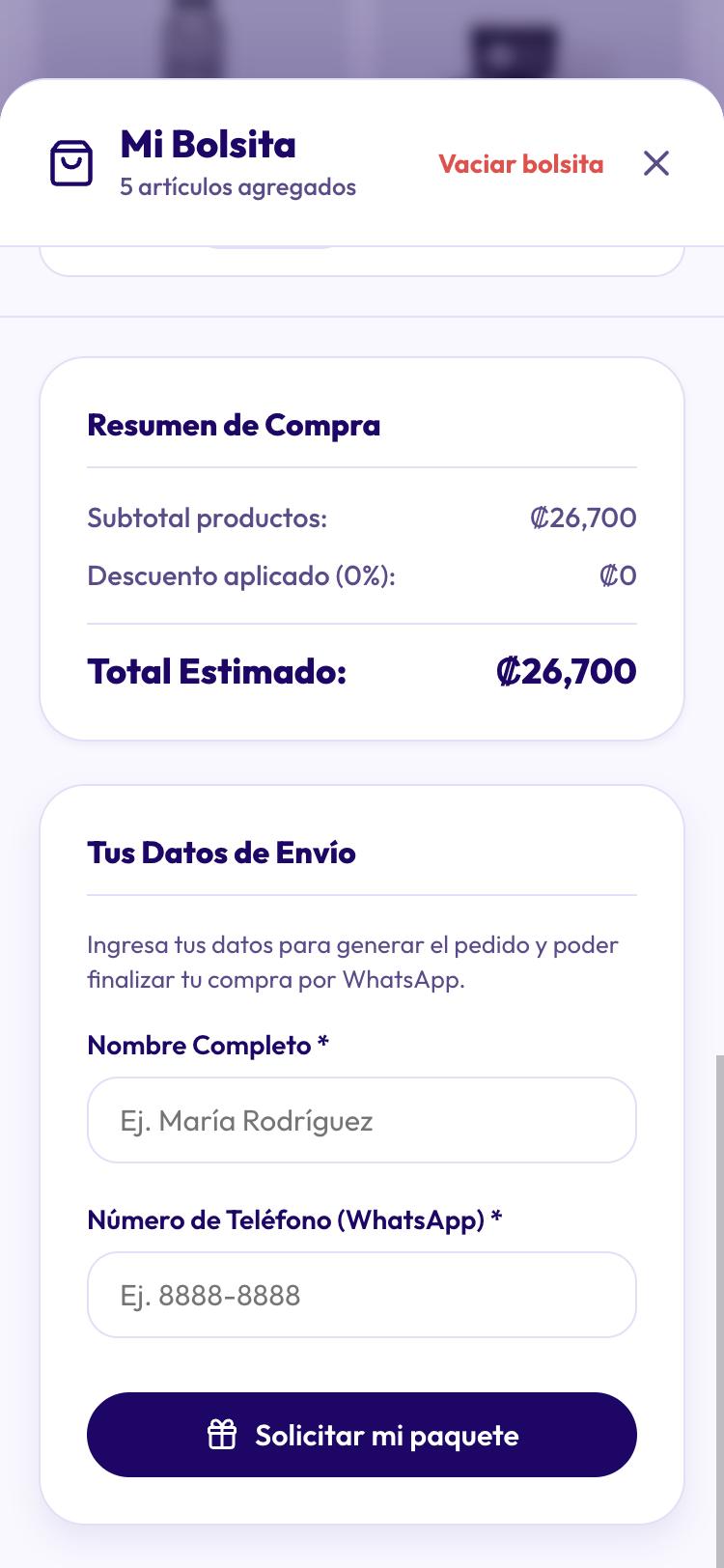 Resumen de compra con subtotal, descuento y total, y el formulario de nombre y teléfono de WhatsApp