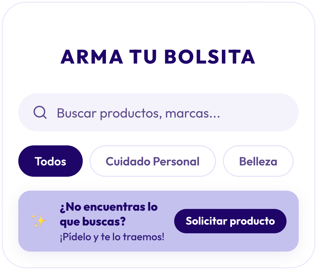 Encabezado del catálogo con el título Arma tu bolsita, buscador, categorías y aviso para solicitar un producto