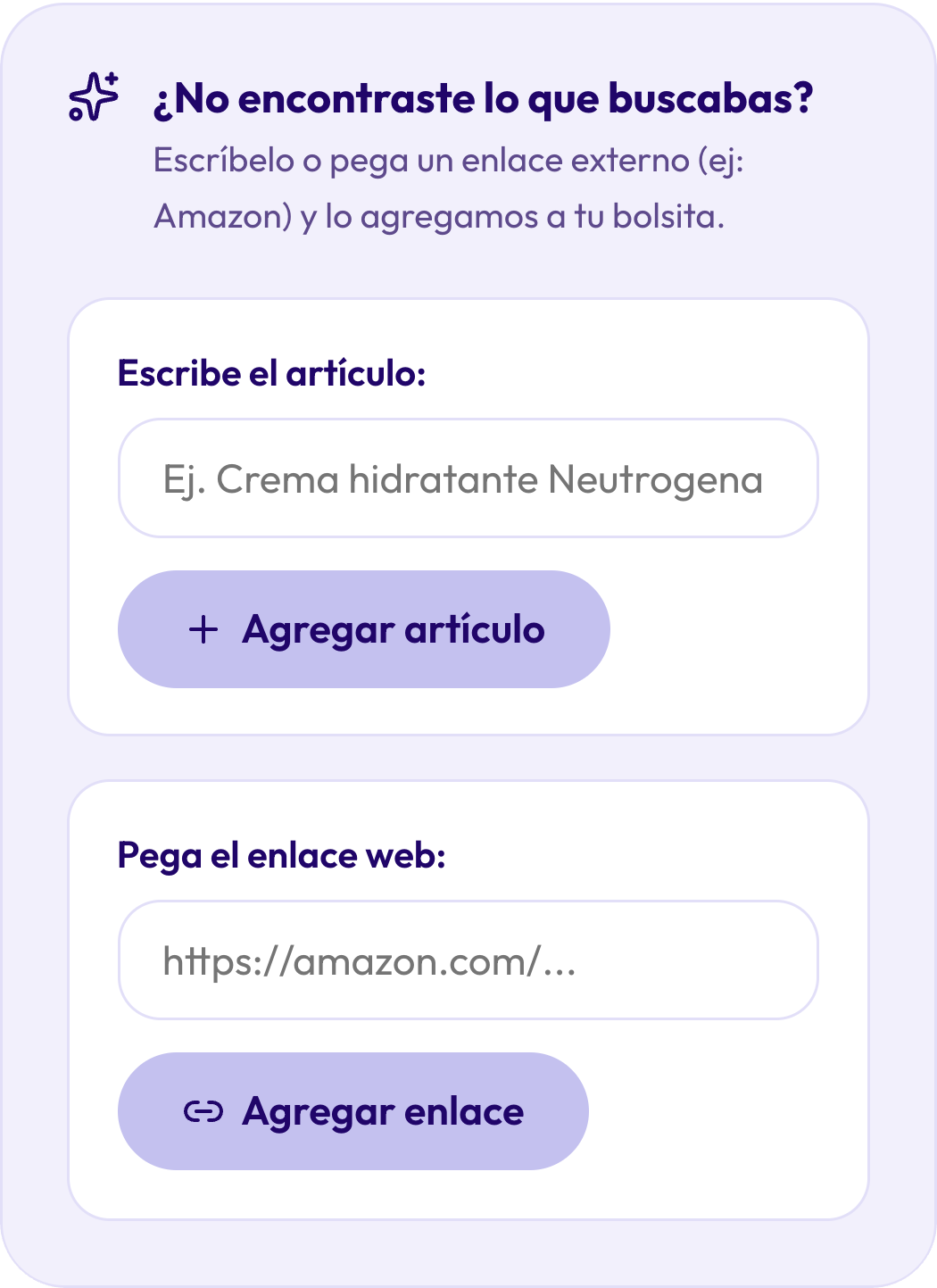 Bloque ¿No encontraste lo que buscabas? con un campo para escribir el artículo y otro para pegar un enlace de Amazon