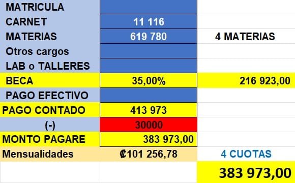 Lista de materias del cuatrimestre con casillas marcadas, descuentos y precio de cada una